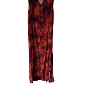 Jane Ashley Dress Vintage Large Red Orange Leaf‎ Print Fall Sleeveless Maxi Boho